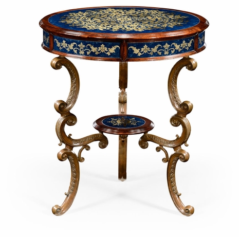 492454-MAH Jonathan Charles Buckingham Lapis Blue Eglomise With Mahogany And Brass Side Table