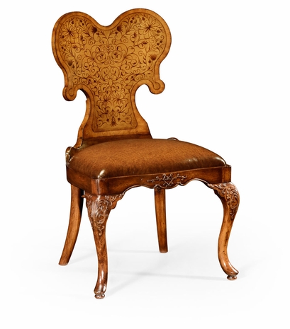 492802-SC-WAL-L002 Jonathan Charles La Rochelle Seaweed Marquetry Side Chair With Antique Brown Leather Seat