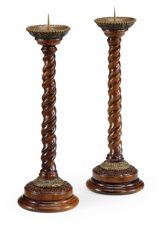 492987-WAL Jonathan Charles Country Farmhouse Pair Of Barley Twist Walnut Candlesticks