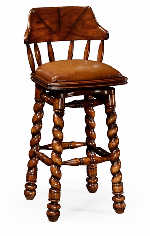 493025 Jonathan Charles Country Farmhouse Country Style Walnut Leather Barstool With Barley Twist Legs