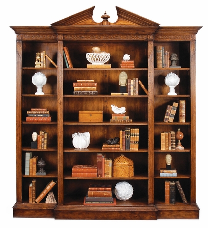 493083-WAL Jonathan Charles Triple Breakfront Walnut Open Bookcase with Pediment