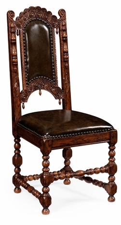 493202-SC-TDO-L007 Jonathan Charles Sherwood Oak Elizabethan Style Dark Oak Side Chair With Medium English Library Green Leather Seat And Back