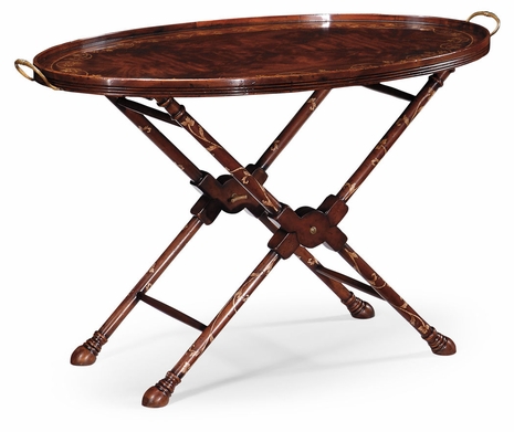 493294-MAH Jonathan Charles Buckingham Oval Mahogany Tray On Stand With Floral Inlay