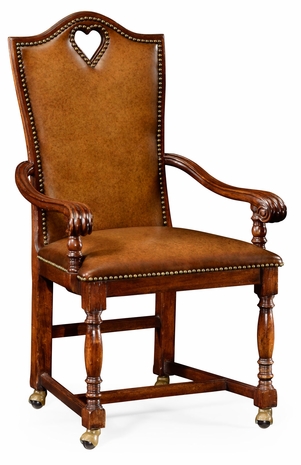 493383-AC-WAL-L002 Jonathan Charles Country Farmhouse High Back Playing Card "Heart" Armchair With Medium Antique Chestnut Leather