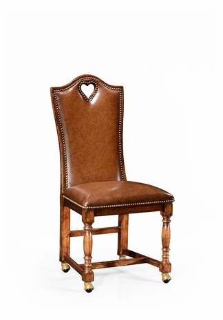 493383-SC-WAL-L002 Jonathan Charles Country Farmhouse High Back Playing Card "Heart" Side Chair With Medium Antique Chestnut Leather