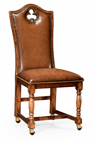 493387-SC-WAL-L002 Jonathan Charles Country Farmhouse High Back Playing Card "Club" Side Chair With Medium Antique Chestnut Leather