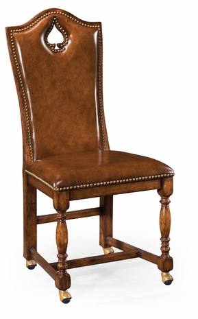 493389-SC-WAL-L002 Jonathan Charles Country Farmhouse High Back Playing Card "Spade" Side Chair With Medium Antique Chestnut Leather