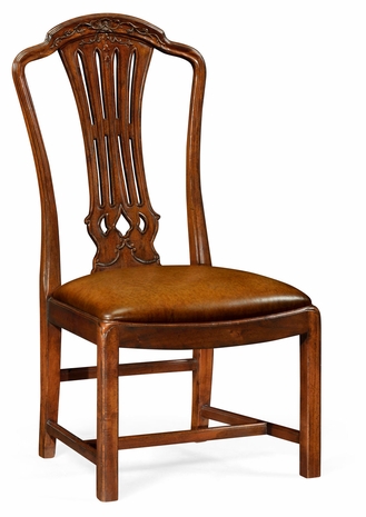 493400 Jonathan Charles Mahogany pierced splat back side chair with medium antique chestnut leather