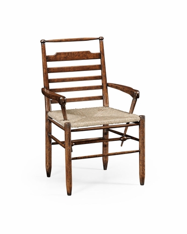 494219 Jonathan Charles Tudor Oak Ladder Back Country Chair With Rush Seat (Arm)