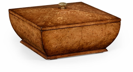 494314 Jonathan Charles La Rochelle Burr Walnut Square Lidded Box With Brass Knob