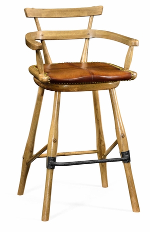 494315-AC-LNO Jonathan Charles Sherwood Oak Natural Oak Barstool With Studded Leather Seat (Arm)