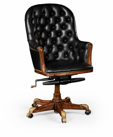 494376-WAL-L012 Jonathan Charles Chesterfield Style High Back Walnut Office Chair, Upholstered in Black Leather