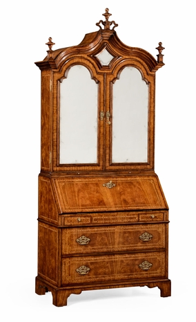 494482-CWM Jonathan Charles Queen Anne Walnut Bureau with Chinoiserie Interior & Mirrored Doors