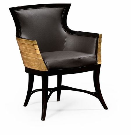 494572-EBF-L017 Jonathan Charles Fine Furniture JC Modern - Luxe Stepped Gilded Tub Easy Chair, Upholstered In Dark Chocolate Leather