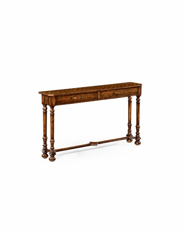 494839 Jonathan Charles Huntingdon Heavily Distressed Parquet Console With Strap Handles with Walnut Country Farmhouse Finish