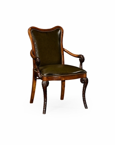 495067 Jonathan Charles Nottinghamshire Leather Upholstered "Pangolin" Armchair with Leather English Library Green Medium-Water Base Finish