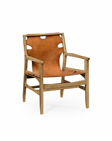 495096 Jonathan Charles Architects House Mid-Century Style Slung Leather Light Oak Easy Chair with Light Washed Oak On Wood Finish