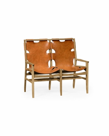 495099 Jonathan Charles Architects House Mid-Century Style Slung Leather Light Oak Two Seat Bench with Light Washed Oak On Wood Finish