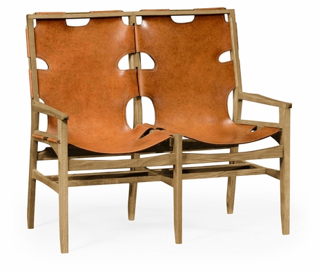 495099-LWO-L002 JC Edited Architects House Midcentury Style Slung Leather Light Oak Two Seat Bench