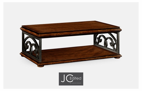 495173-RWL JC Edited Casual Country Rustic Walnut Coffee Table With Wrought Iron Base