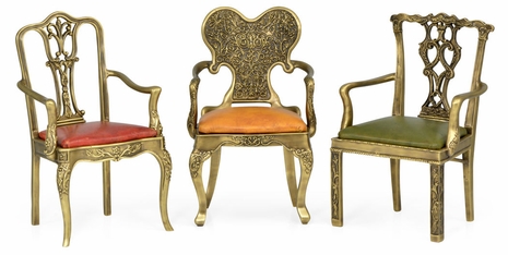495771-BRS-036 Jonathan Charles Cosmo Set Of Miniature Brass Chairs With Leather Seats