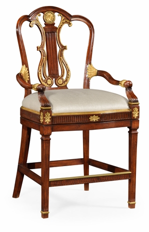 495802-BS-MAH-F001 Jonathan Charles Neo-Classical Gilded Lyre Back Bar stool armchair, Upholstered in MAZO