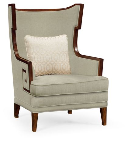 495848-WAL-F001 Jonathan Charles Biedermeier Greek Key Walnut Occasional Chair, Upholstered in MAZO