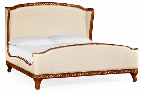 498123-USQ-BRW-L025 Jonathan Charles US Queen Louis XV Style Burl Walnut Bed, Upholstered in Cream Leather