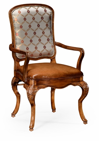499179-AC-BRW-L011 Jonathan Charles Walnut armchair with DV medium antique chestnut leather seat and fabric back