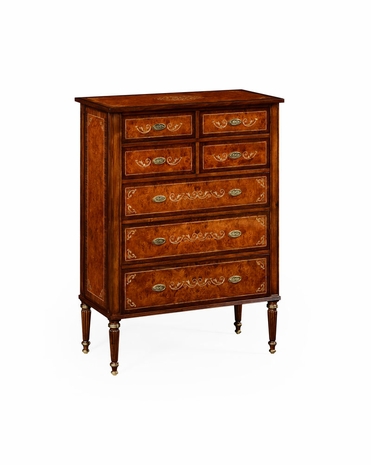 499325 Jonathan Charles Duchess Burl & Mother Of Pearl Tall Chest Of Drawers with Burr Walnut Light - Nc High Lustre On Veneer Finish