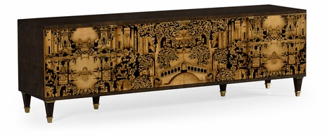500142-WDG Jonathan Charles Fine Furniture JC Modern - Eclectic Dark Gold Walnut & Hand Painted Tv Cabinet