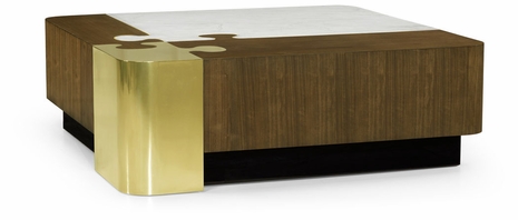 500178-WAT Jonathan Charles Rounded Square Autumn Walnut, Brass & Marble Puzzle Coffee Table
