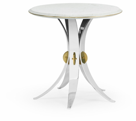 500182-STS-M025 Jonathan Charles Round Stainless Steel End Table with Honed White Carrara Marble Top