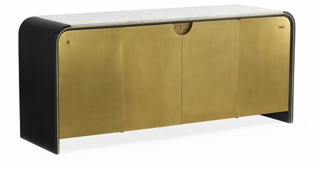 500193-ENO-M025 Jonathan Charles Curved Ebonised Oak & Brass Sideboard with White Calacatta Marble Top