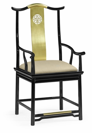 500250-AC1-LBG-F001 Jonathan Charles Asian Fusion Black Gloss & Brass Dining Armchair, Upholstered in MAZO