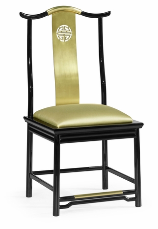 500250-SC-LBG-F011 Jonathan Charles Asian Fusion Black Gloss & Brass Dining Side Chair, Upholstered in Gold Silk