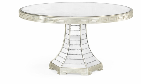 500260-55D-CSL-GAM Jonathan Charles 55" Round Champagne Silver-leaf & Antique Glass Mirror Greek Key Dining Table