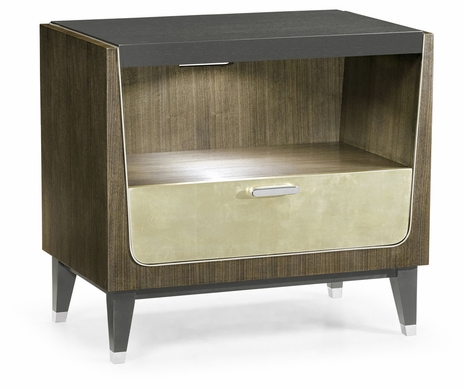 500273-WGE Jonathan Charles Contemporary Art Deco Dark Grey Walnut & Champagne Silver-leaf Bedside Cabinet
