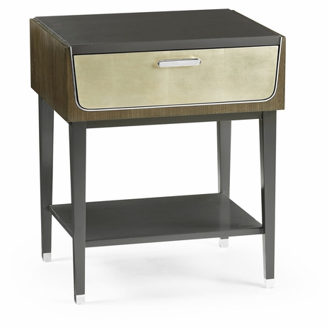 500276-WGE Jonathan Charles Contemporary Art Deco Dark Grey Walnut & Champagne Silver-leaf Bedside Table