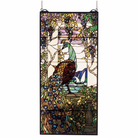 50562 Meyda Tiffany 19"W X 40"H Tiffany Peacock Wisteria Stained Glass Window