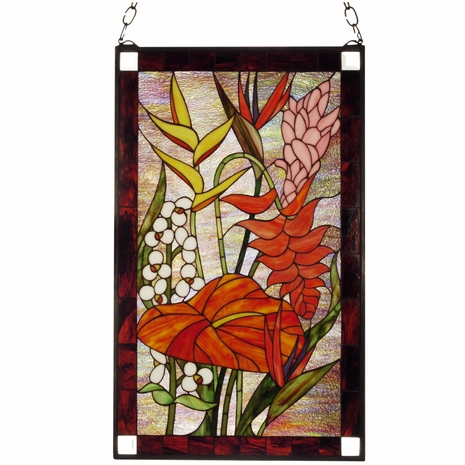 51539 Meyda Tiffany 20"W X 32"H Tropical Floral Stained Glass Window