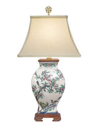 5677 Wildwood 25in. Porcelain Pom 'N Bird Lamp with Silkette Shade and Hand Painted/Mahogany Finish