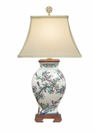 5677 Wildwood 25in. Porcelain Pom 'N Bird Lamp with Silkette Shade and Hand Painted/Mahogany Finish