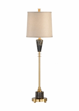 60454 Wildwood 35in. Brass Cosmic Lamp with Linen Shade and Antique/Natural Brown Finish