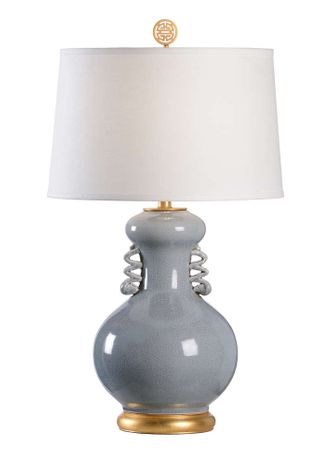 60531 Wildwood 32in. Ceramic Chan Lamp with Linen Shade and Slate Gray Crackle Glaze/Gold Leaf Finish