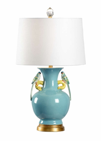 60628 Wildwood 30in. Porcelain Tori Lamp - Blue with Linen Shade and Blue Glaze/Gold Leaf Finish