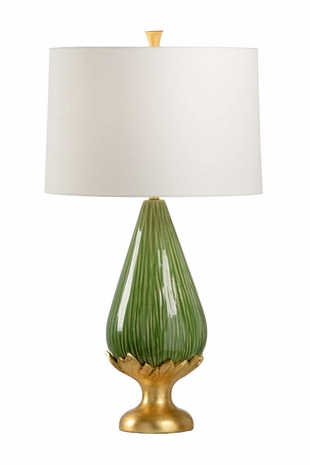 60677 Wildwood 31in. Ceramic Carmine Lamp - Kiwi with Linen Shade and Kiwi Glaze/Antique Gold Leaf Finish
