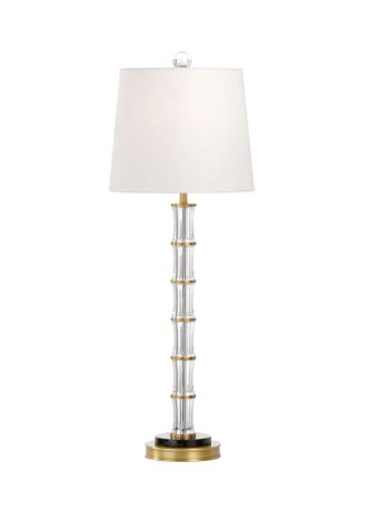 60797 Wildwood 33.5in. Crystal Fiji Lamp with Linen Shade and Clear/Antique Brass Finish