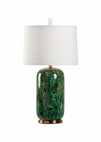 60906 Wildwood 30.5in. Ceramic Newport Lamp - Emerald with Silk Shade and Faux Green Marble Glaze/Antique Brass Finish