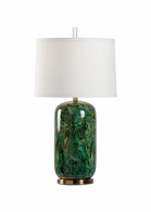 60906 Wildwood 30.5in. Ceramic Newport Lamp - Emerald with Silk Shade and Faux Green Marble Glaze/Antique Brass Finish